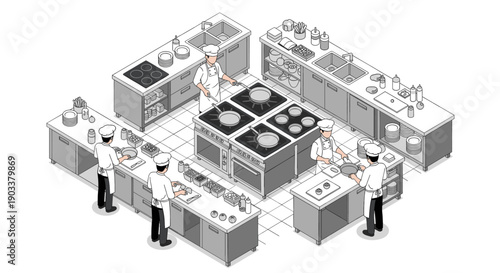 Isometric illustration of a professional kitchen. Chefs preparing dishes, cooking on stoves. Ideal for restaurant, catering, culinary schools, or food industry related designs.