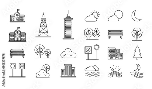 Minimal urban environment line vector set with city and nature icons