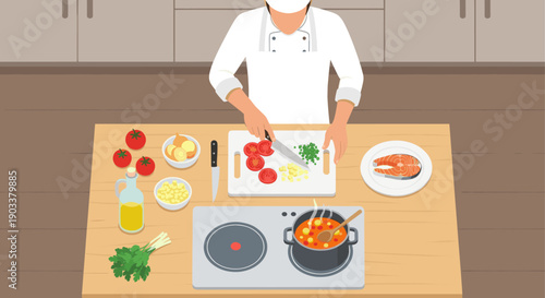 Flat lay illustration of a chef preparing a healthy fish stew in the kitchen. Suitable for food blogs, cooking lessons or culinary publications.