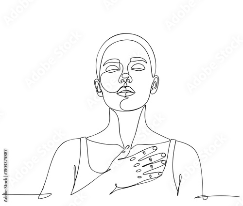 Continuous line drawing of woman touching her chest. Concept of self healing, strength, and emotional recovery. Single line art illustration.