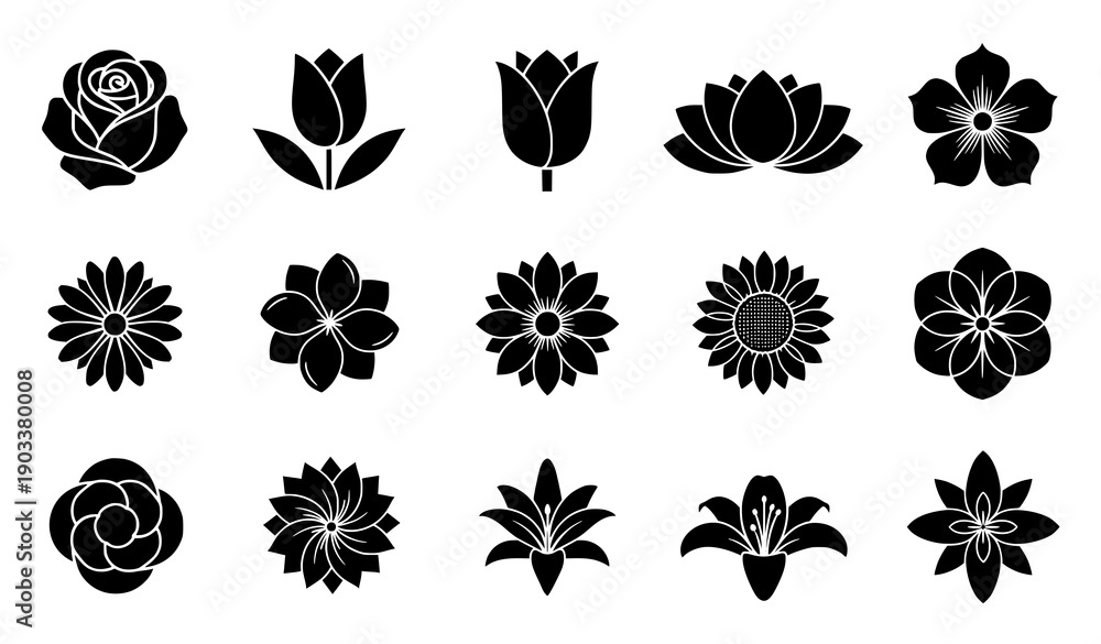 Obraz premium Black flower vector icon set with minimalist floral silhouette shapes