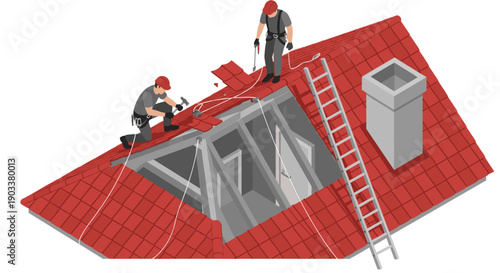Illustration of two workers repairing a red tiled roof, featuring a ladder and chimney. Use for construction, home improvement, safety, and trade service topics.