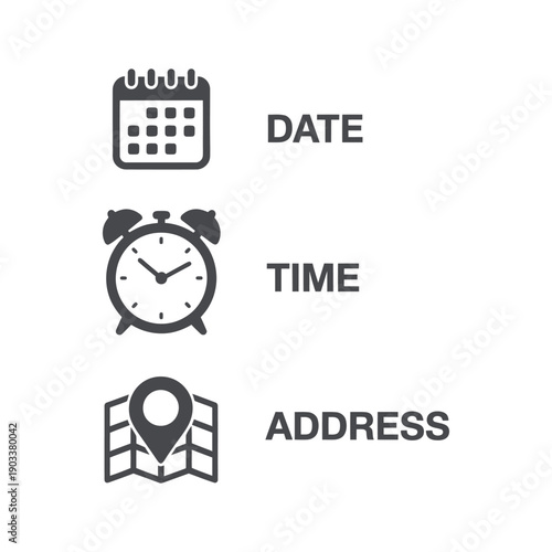 Event management icons featuring calendar clock and map pointer for scheduling appointments meeting location details illustration