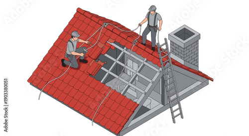 Illustration of two roofers on a red tile roof repairing it, wearing safety gear, with a ladder and chimney. Represents construction, safety, and home repair.