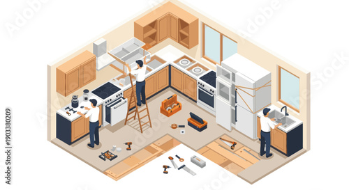 Isometric illustration of a kitchen being renovated. Three workers install cabinets, flooring and appliances. Ideal for construction, design, architecture, and real estate projects.