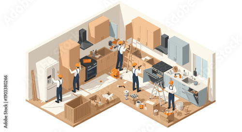 Isometric view of a kitchen remodel with workers installing appliances, cabinets, and finishing touches. Ideal for construction, home improvement, interior design concepts.
