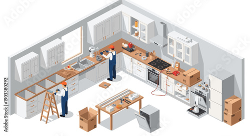 Isometric illustration of a kitchen remodel in progress, featuring two workers, new cabinets, appliances, tools, and boxes. Use for home improvement, construction, and renovation concepts.