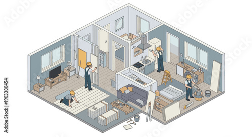 Isometric illustration of a renovated apartment showing construction workers laying flooring, painting, and installing. Cartoon style. Concept for home improvement, repairs, and construction.