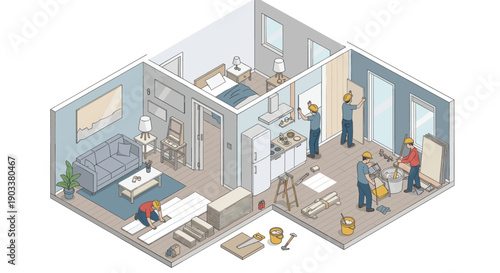 Isometric illustration of a renovated apartment showing construction workers laying flooring, painting, and installing. Cartoon style. Concept for home improvement, repairs, and construction.