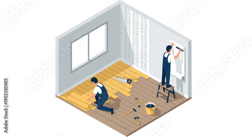 Isometric illustration of two workers renovating a room, one laying flooring and the other applying wallpaper. Home improvement, DIY project, construction concept.