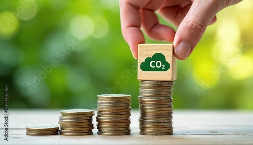 Hand adds wooden block with CO2 symbol on stack of coins. Concept about rising costs carbon emissions and climate change impact on economy and global business.