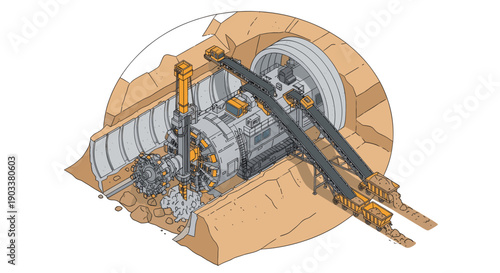 Illustration of a tunnel boring machine in operation. Isometric view, good for illustrating civil engineering, construction, or infrastructure projects. On clean white background.
