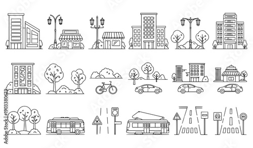 City landscape line vector set with buildings transport and street elements