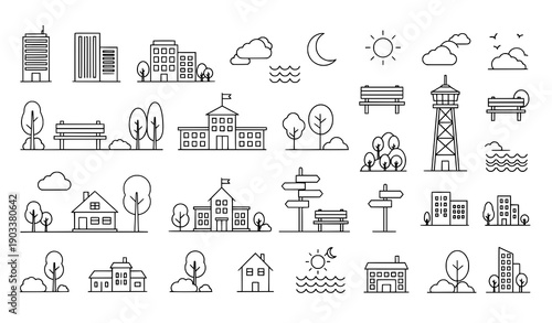 Modern city landscape outline vector elements for urban planning design