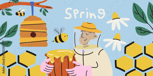 Modern cartoon honey banner. Bright spring compositions, bees, beekeeper, barrel of honey, apiary. Honey apiary background for wall decor, prints, wallpaper, advertising