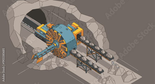 Isometric illustration of a Tunnel Boring Machine at work inside a mine, conveying excavated rock. Ideal for illustrating construction, engineering, or mining concepts.