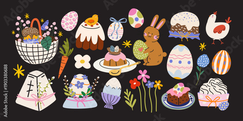 Festive Easter vector elements in cartoon retro style. Decorated eggs, willow, bunny, chicken, basket, Easter cakes and flowers. Spring Christian holiday clipart for poster, card, stickers