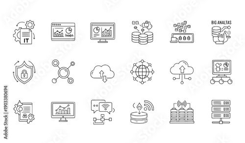 IT and technology vector icon collection with big data and cybersecurity symbols