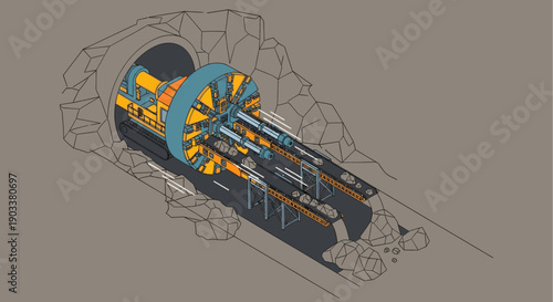 Isometric illustration of a Tunnel Boring Machine at work inside a mine, conveying excavated rock. Ideal for illustrating construction, engineering, or mining concepts.
