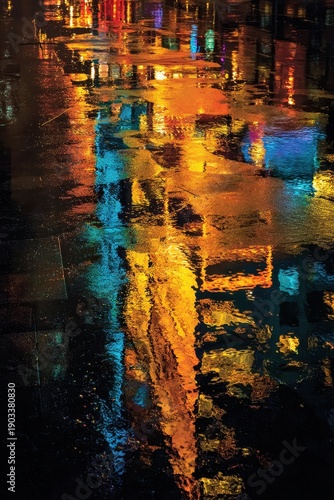 Colorful Urban Reflections on a Wet Rainy Night Street.