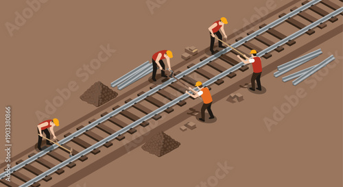 Isometric Railroad Construction: Workers Building Tracks Illustration