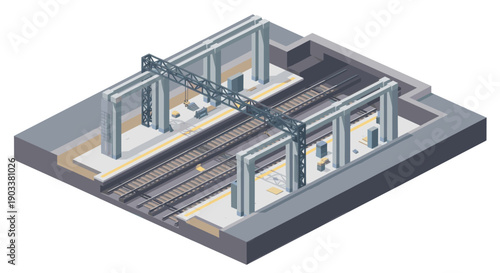 Isometric view of an underground subway station model, ideal for infographics, presentations, architectural visualizations, or urban planning materials. Isolated on white background.