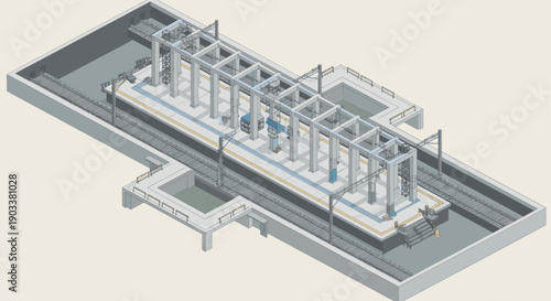Isometric vector illustration of an underground train platform with tracks, structural supports, and station details. Suitable for architectural, urban planning, or engineering concepts.