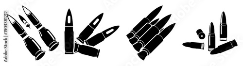 Set of black and silver bullets isolated on white background for gun safety and military concept