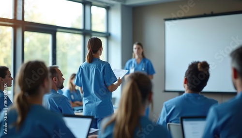 Medical staff attend training session in modern conference room. Professionals listen to presenter, learn new health care techniques, advance skills, discuss patient care.