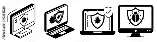 Digital security shield icons on laptops antivirus protection cyber safety flat design