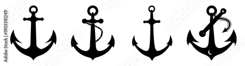 Set of four black anchors isolated on white background for nautical maritime design