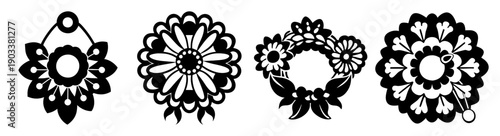 Elegant black and white floral brooch set isolated on white background minimalist jewelry design