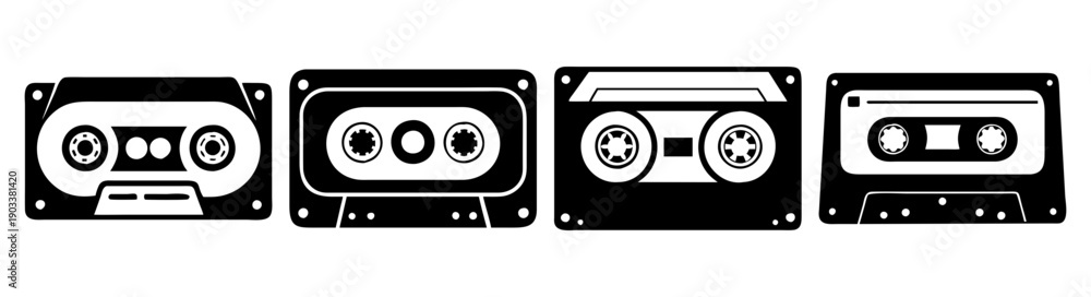Obraz premium Vintage cassette tapes set isolated on black background retro music collection