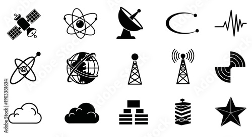 Black icons of communication technology symbols.