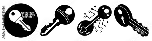 Set of black and silver keys unlocking security concepts with flying particles isolated on white background