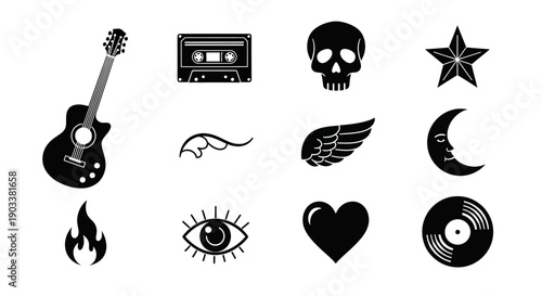 Black icons of music and symbols.