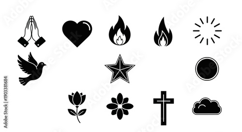 Black icons of religious and spiritual symbols.