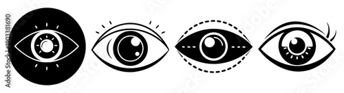Stylized human eye icons set with vision and perception themes in black and white vector design