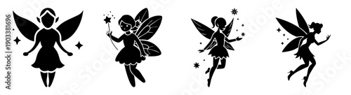 Black and white fairy silhouettes flying in magical motion with sparkles and stars