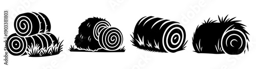 Black and white hay bales stacked in farm field minimalist line art illustration