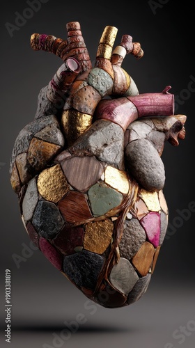 Conceptual artistic sculpture of a human heart made from patchwork materials.