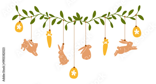Woody Easter garland with hanging ornaments, bunnies, carrots, eggs. Spring home decor, holiday vector rustic illustration
