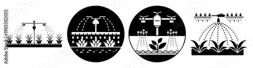 Modern irrigation systems in agriculture with water efficiency and sustainable farming icons