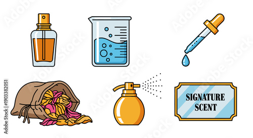 A collection of perfume ingredients and packaging including fragrance, bottle, and label, with various elements like burlap sack, spray bottle, and laboratory equipment on display