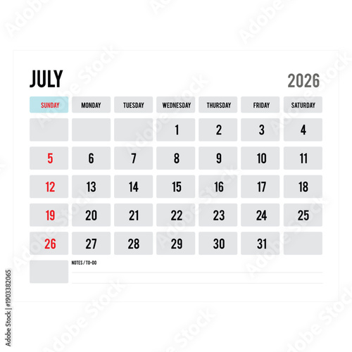 July 2026 Monthly Calendar Clean Printable Design