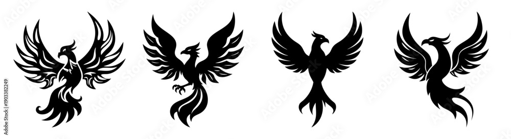 Naklejka premium Four black flying phoenix birds silhouette vector art minimalist design wings spread