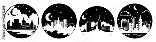 Silhouette city skyline night moonlit urban landscape minimalist black white vector illustration