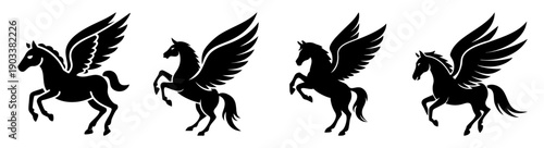 Flying black pegasus silhouettes against white background fantasy mythical creatures vector art
