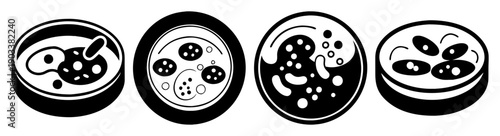 Four petri dishes with bacterial cultures black and white scientific illustration isolated