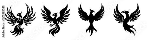 Four black flying phoenix birds silhouette vector art minimalist design wings spread
